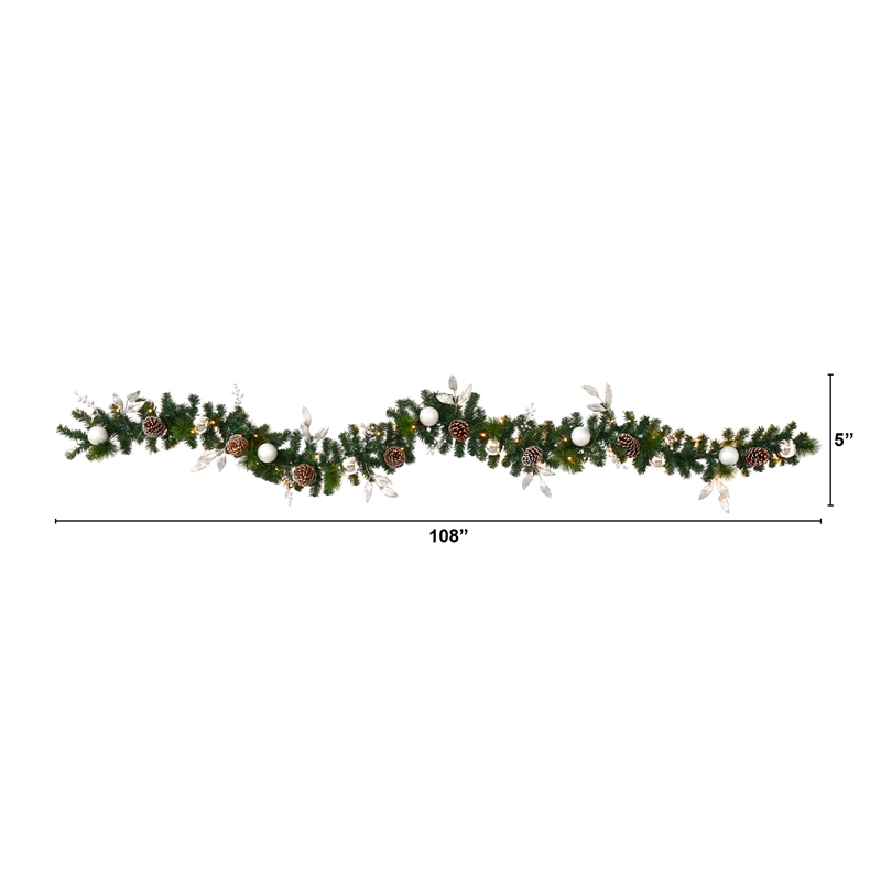 Nearly Natural 9ft Ornament & Pinecone Christmas Garland w/50 Clear LED