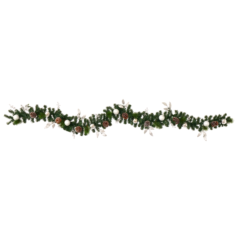 Nearly Natural 9ft Ornament & Pinecone Christmas Garland w/50 Clear LED