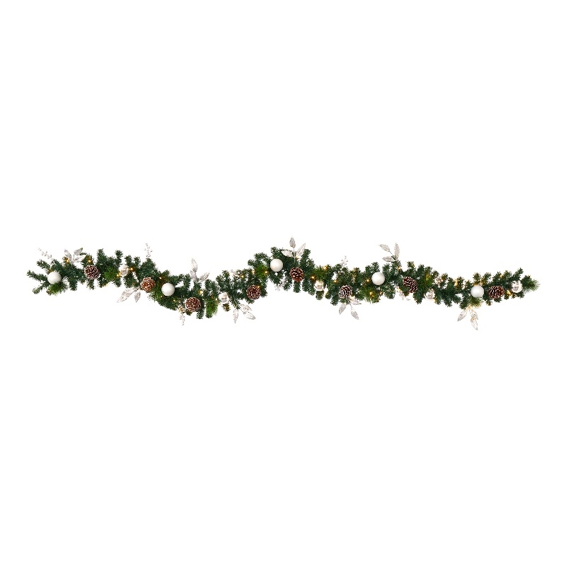 Nearly Natural 9ft Ornament & Pinecone Christmas Garland w/50 Clear LED