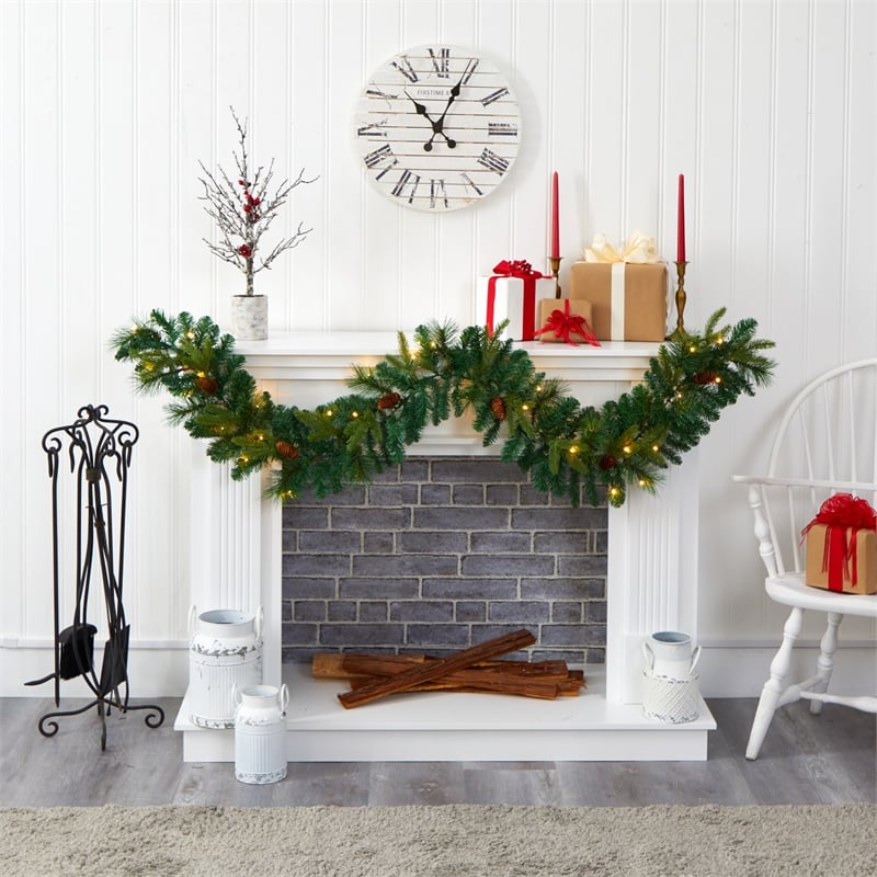 Nearly Natural 6ft Mixed Pine & Pinecone Artificial Garl w/5 Clear LED in Green