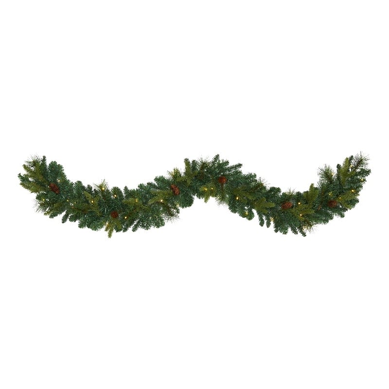 Nearly Natural 6ft Mixed Pine & Pinecone Artificial Garl w/5 Clear LED in Green