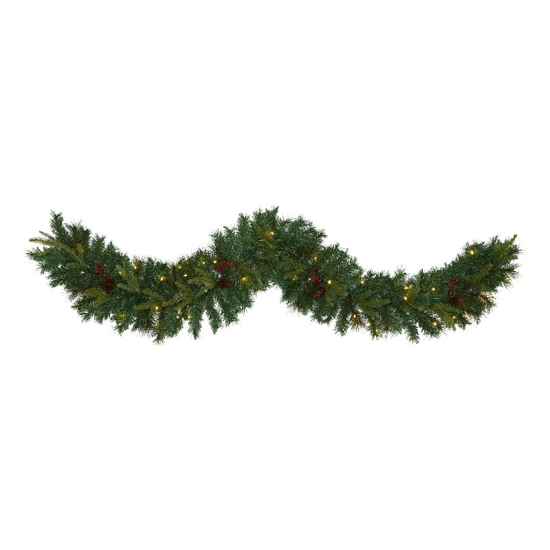 Nearly Natural 6ft Mixed Pine Christmas Garland w/ 35 Clear LED Lights