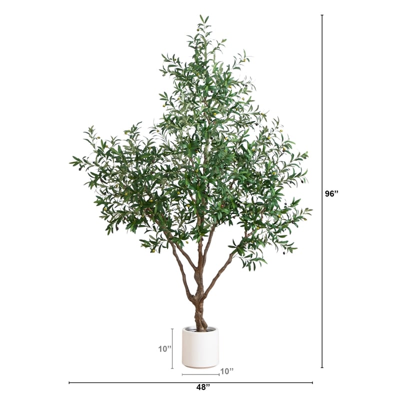 Nearly Natural 8ft Artificial Grand Olive Tree in White Decorative Planter