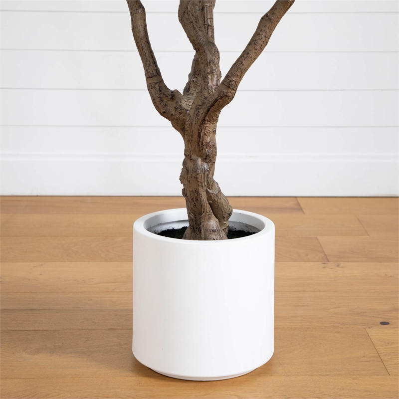 Nearly Natural 8ft Artificial Grand Olive Tree in White Decorative Planter