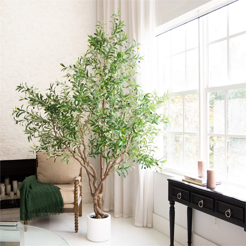 Nearly Natural 8ft Artificial Grand Olive Tree in White Decorative Planter