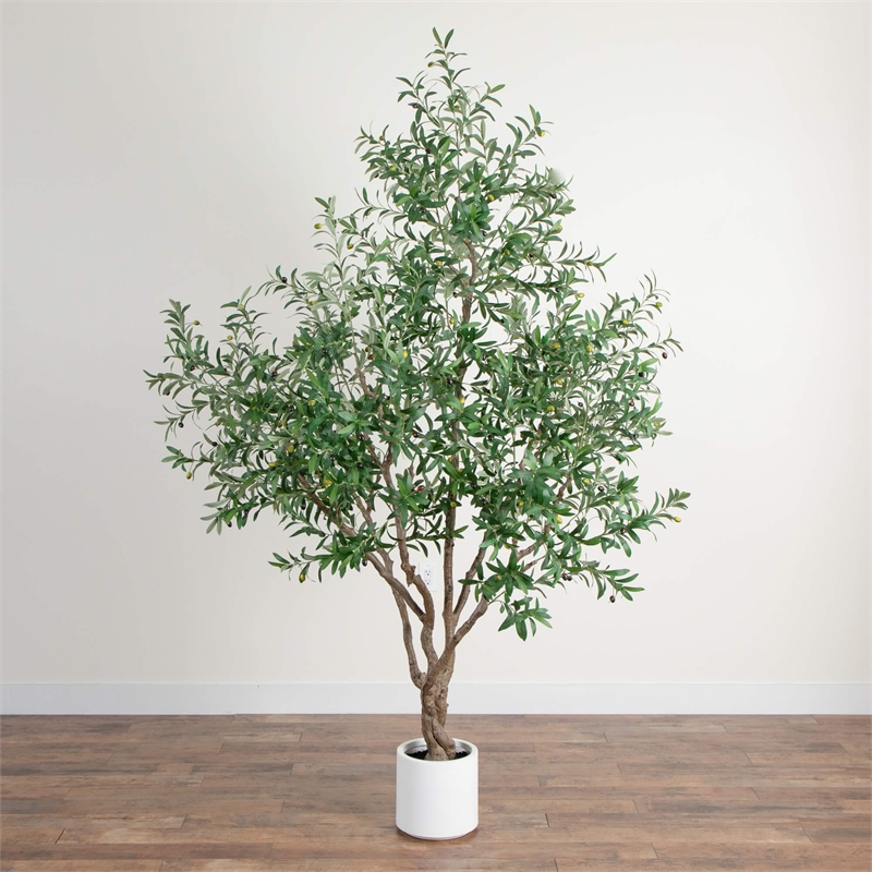 Nearly Natural 8ft Artificial Grand Olive Tree in White Decorative Planter