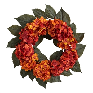 Nearly Natural 20&quot Autumn Hydrangea Artificial Wreath in Orange