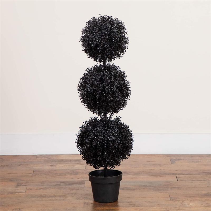 Nearly Natural 3ft UV Resistant Halloween Black Triple Ball Boxwood Topiary