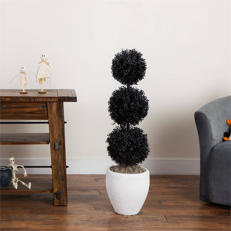 Nearly Natural 3ft UV Resistant Halloween Black Triple Ball Boxwood Topiary