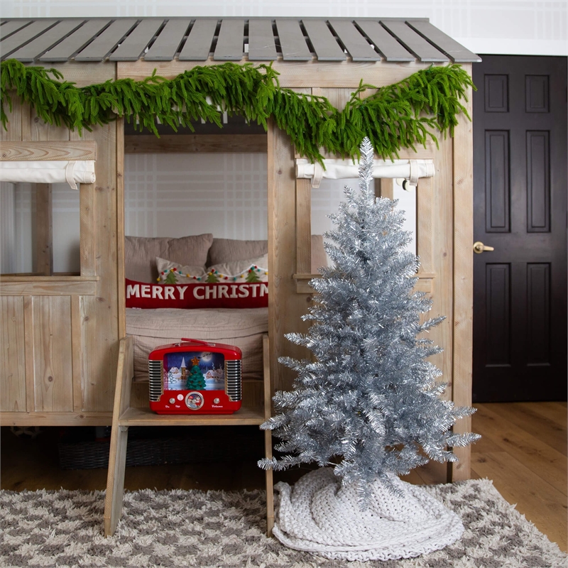 Nearly Natural 4ft Artificial Silver Christmas Tree with 130 Cool White LED