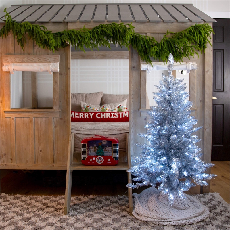 Nearly Natural 4ft Artificial Silver Christmas Tree with 130 Cool White LED