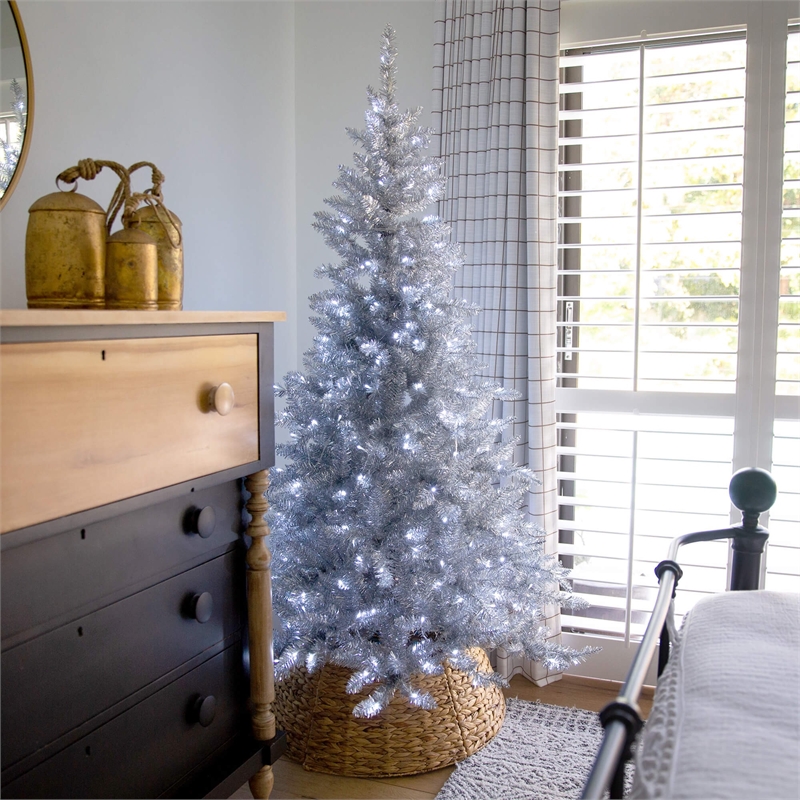 Nearly Natural 6ft Artificial Silver Christmas Tree with 300 Cool White LED