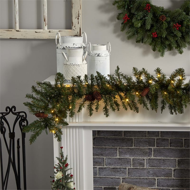 Nearly Natural 6ft Mixed Alaskan Pines Christmas Garland 50 Warm White LED Light