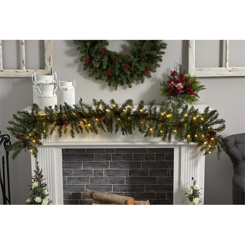 Nearly Natural 6ft Mixed Alaskan Pines Christmas Garland 50 Warm White LED Light