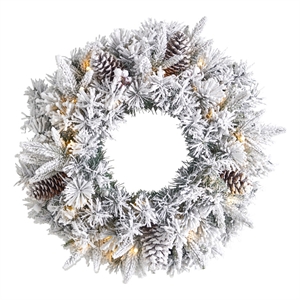 Nearly Natural 20&quot Flocked Artificial Christmas Wreath w/ 35 Warm White LED