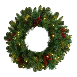 Nearly Natural 20&quot Frosted Pine Christmas Wreath w/ Berries & 35 Warm White LED