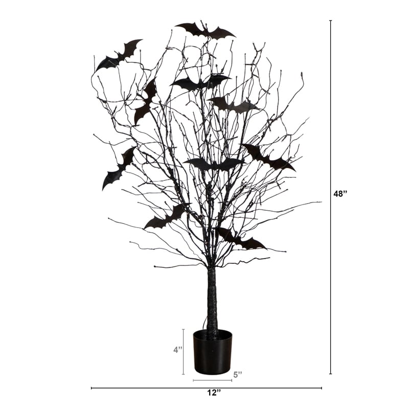 Nearly Natural 4ft Pre-Lit Halloween Black Twig Tree w/ Bats & 50 Orange LED