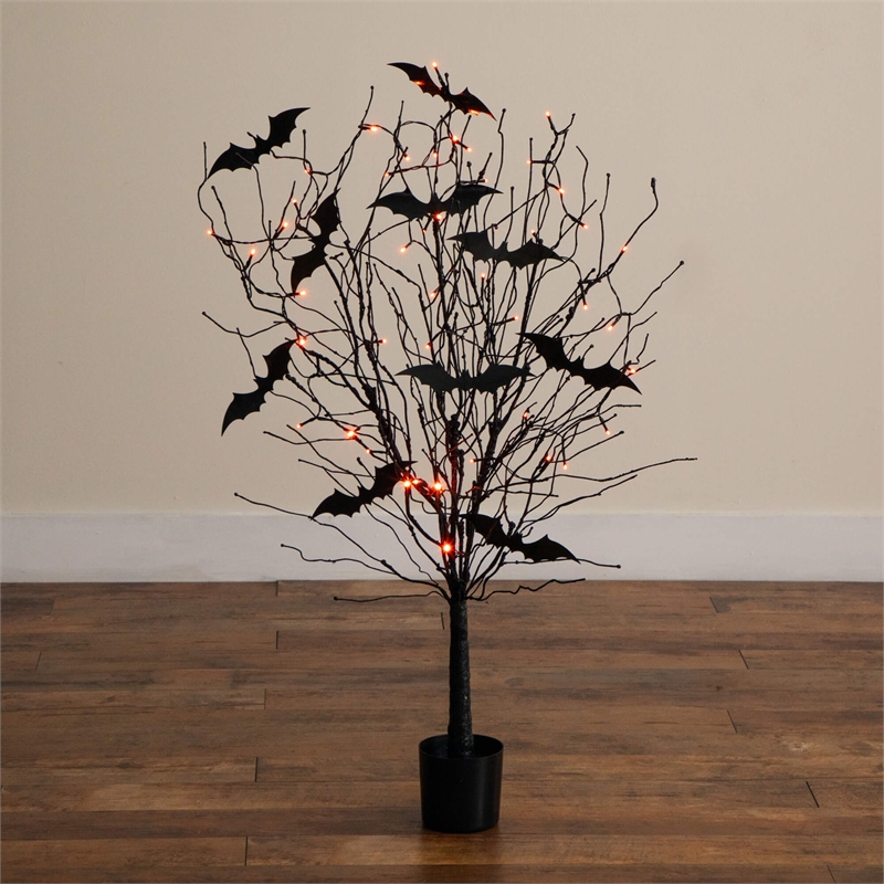 Nearly Natural 4ft Pre-Lit Halloween Black Twig Tree w/ Bats & 50 Orange LED