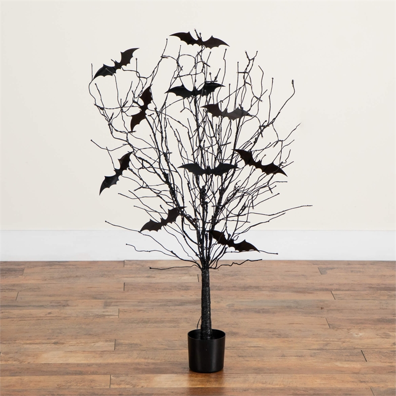 Nearly Natural 4ft Pre-Lit Halloween Black Twig Tree w/ Bats & 50 Orange LED