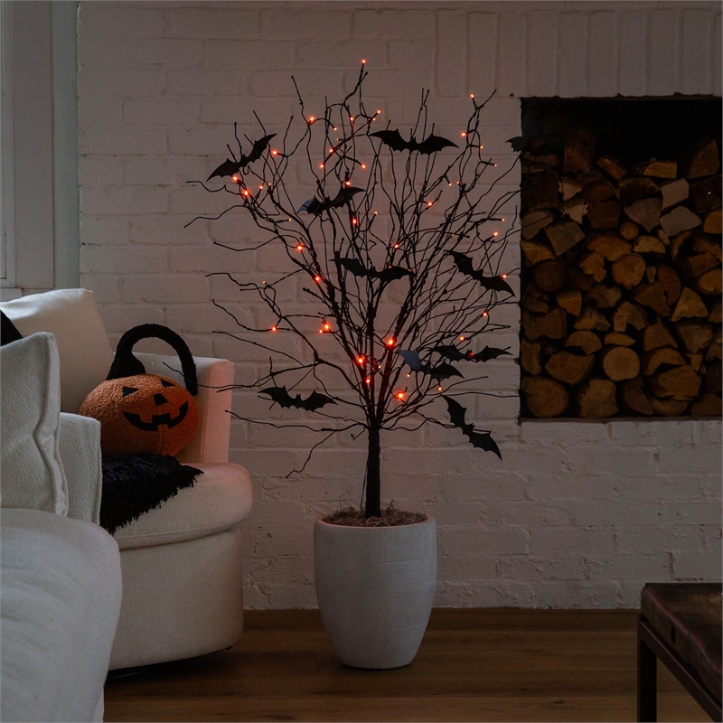 Nearly Natural 4ft Pre-Lit Halloween Black Twig Tree w/ Bats & 50 Orange LED