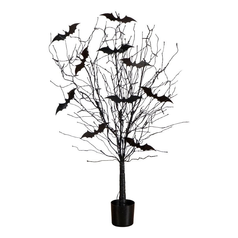 Nearly Natural 4ft Pre-Lit Halloween Black Twig Tree w/ Bats & 50 Orange LED