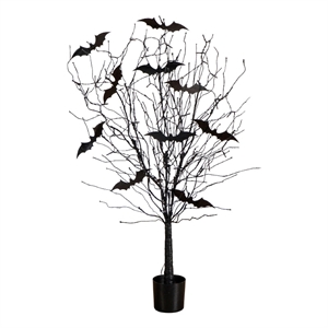 Nearly Natural 4ft Pre-Lit Halloween Black Twig Tree w/ Bats & 50 Orange LED