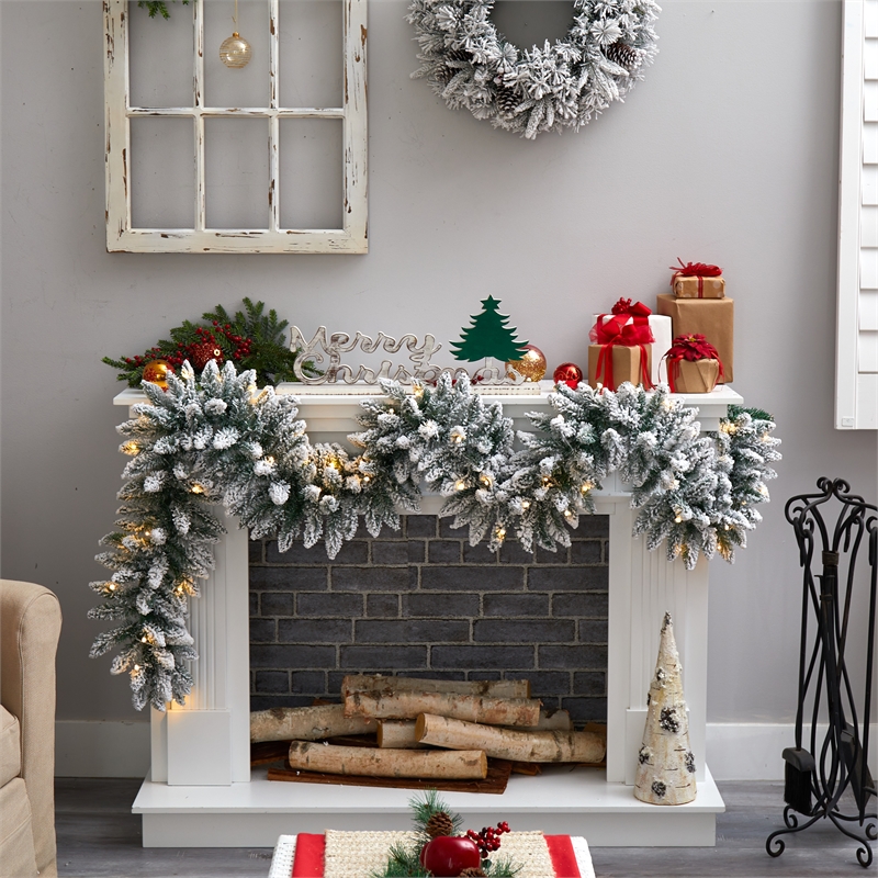 Nearly Natural 9ft Flocked Artificial Christmas Garland w/50 Warm White LED