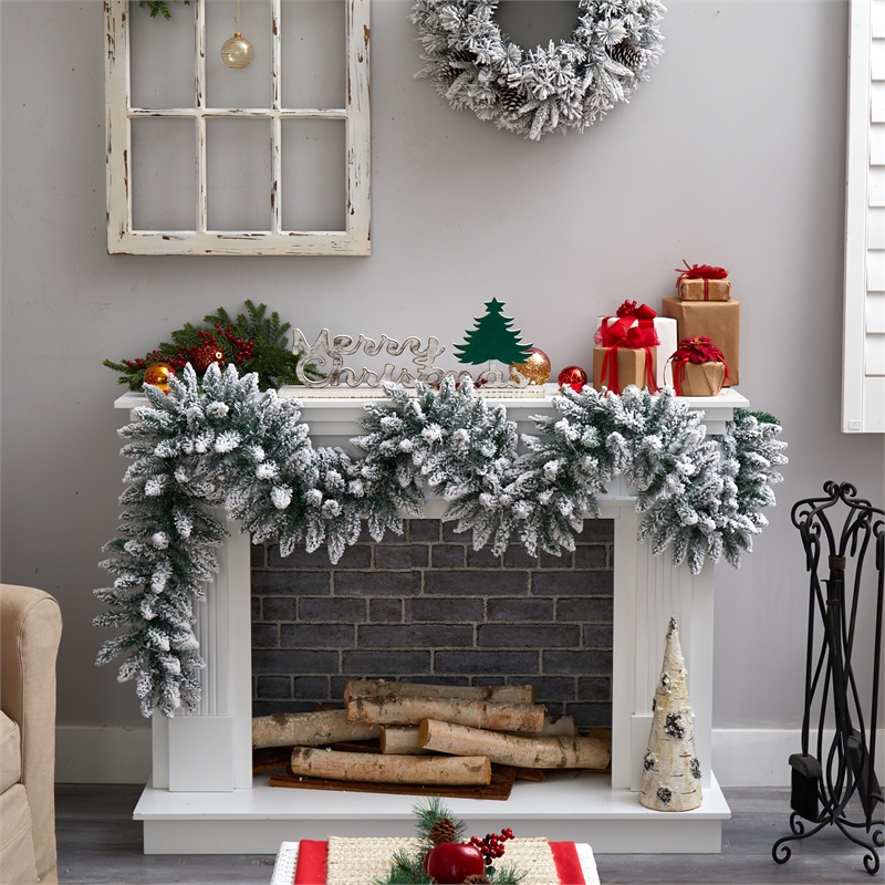Nearly Natural 9ft Flocked Artificial Christmas Garland w/50 Warm White LED