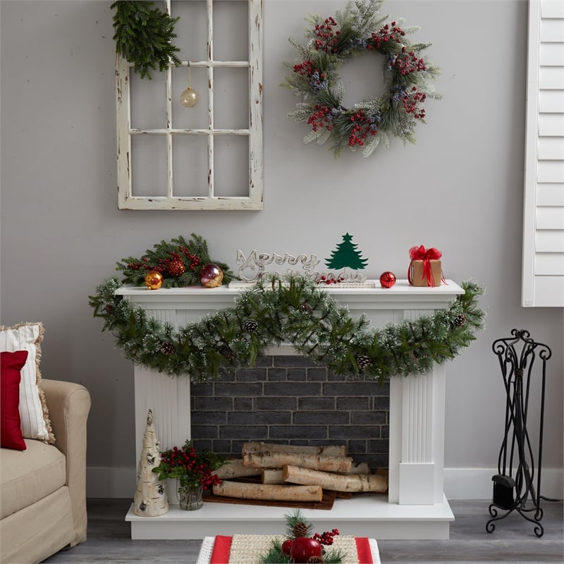 Nearly Natural 6ft Snow Tipped Christmas Garland w/35 Clear LED