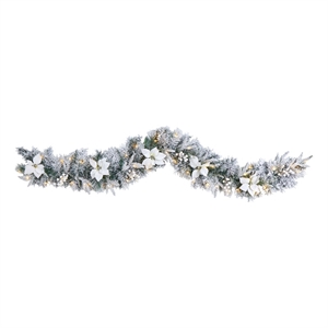 Nearly Natural 6ft Flocked Poinsettia & Berry Christmas Garland w/50 LED