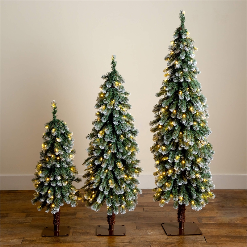 Nearly Natural 3ft 4ft 5ft Pre-Lit Frosted Christmas Tree Set w/ Warm LED