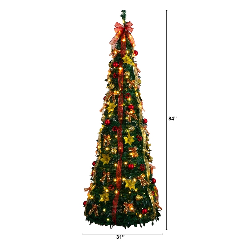 Nearly Natural 7ft Pre-Lit Pop up Christmas Tree with Red & Gold Ornaments