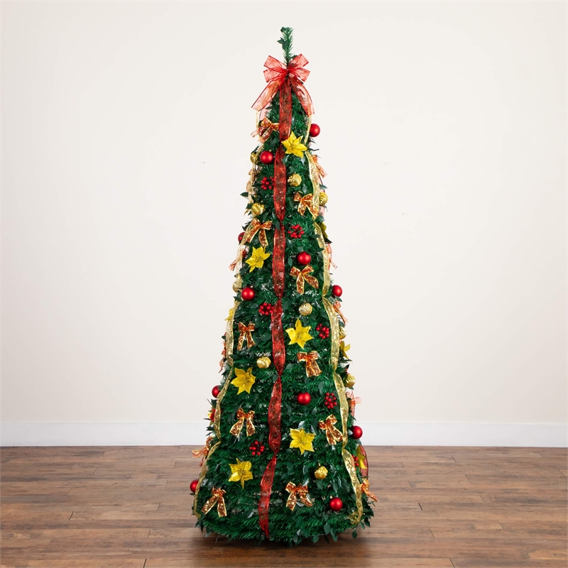 Nearly Natural 7ft Pre-Lit Pop up Christmas Tree with Red & Gold Ornaments