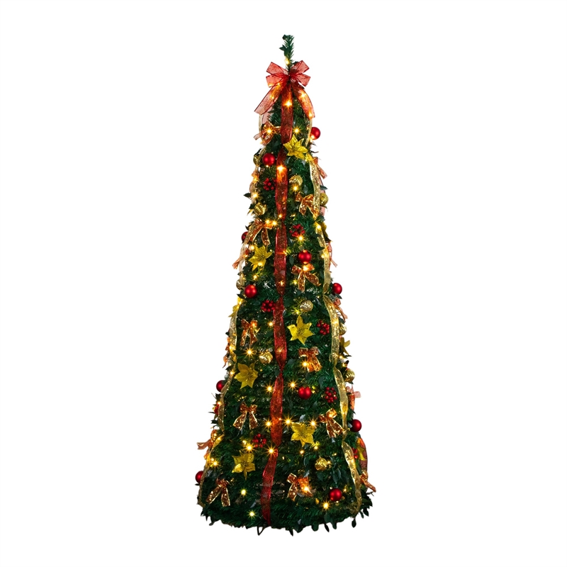 Nearly Natural 7ft Pre-Lit Pop up Christmas Tree with Red & Gold Ornaments