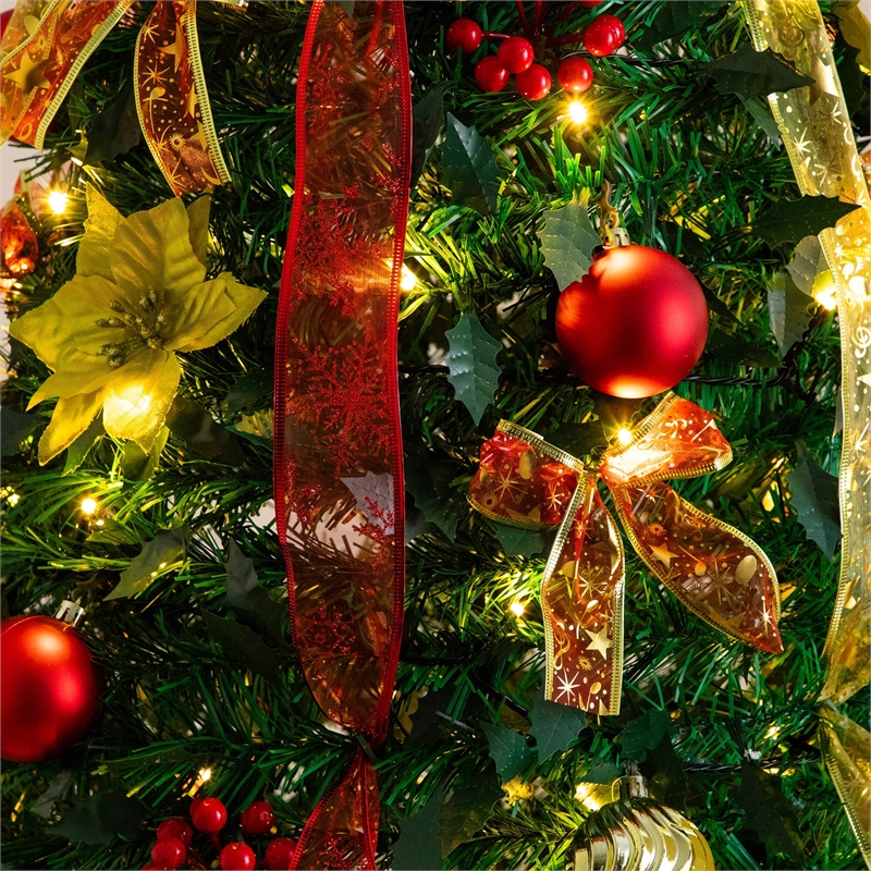 Nearly Natural 7ft Pre-Lit Pop up Christmas Tree with Red & Gold Ornaments