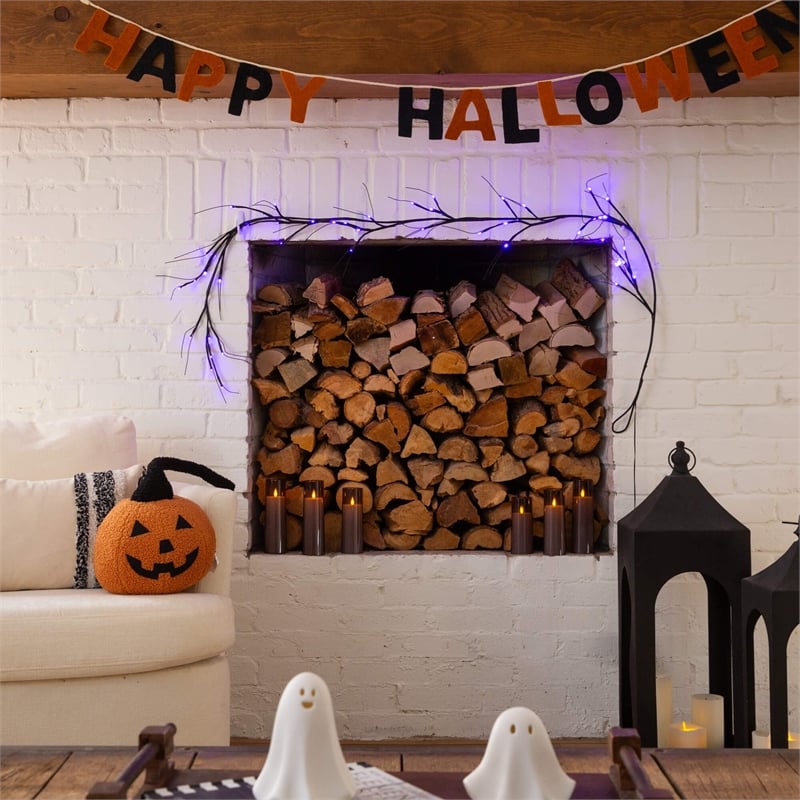 Nearly Natural 6.5ft Pre-Lit Artificial Halloween Black Twig Garland w/ 48 LED