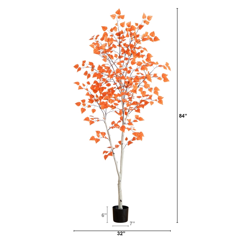 Nearly Natural 7ft Autumn Paper Birch Artificial Fall Tree in Orange