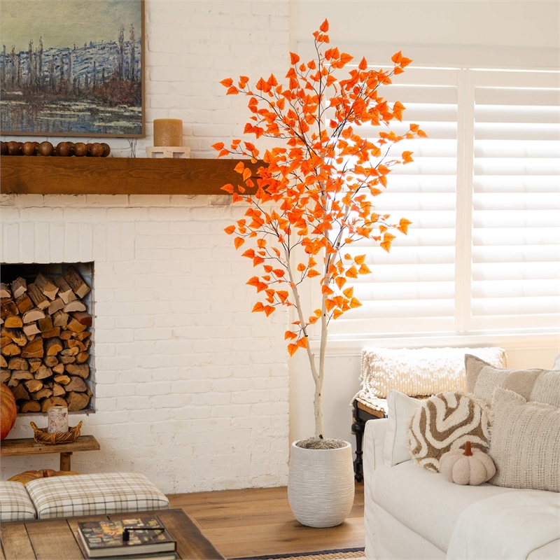Nearly Natural 7ft Autumn Paper Birch Artificial Fall Tree in Orange