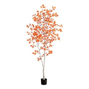 Nearly Natural 7ft Autumn Paper Birch Artificial Fall Tree in Orange