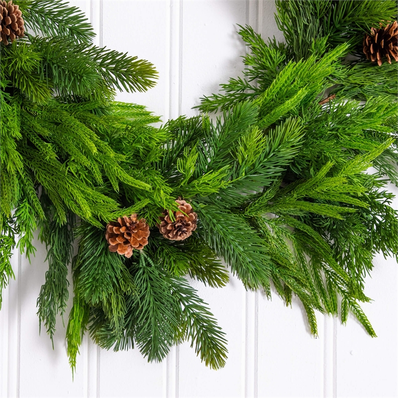 Nearly Natural 6ft Artificial Mixed Pine & Norfolk Garland with Pinecones