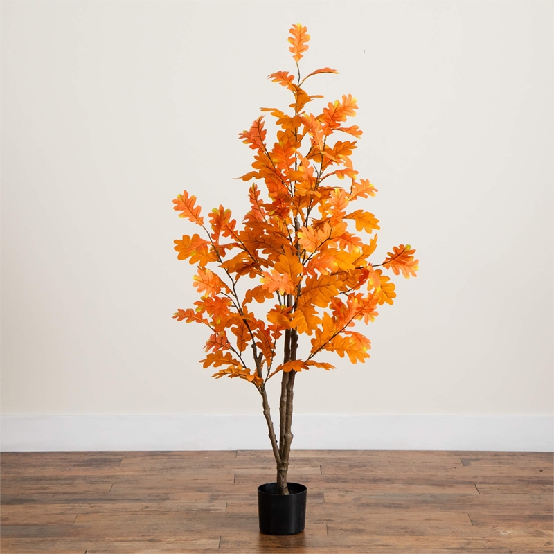 Nearly Natural 5ft Artificial Autumn Oak Tree in Orange