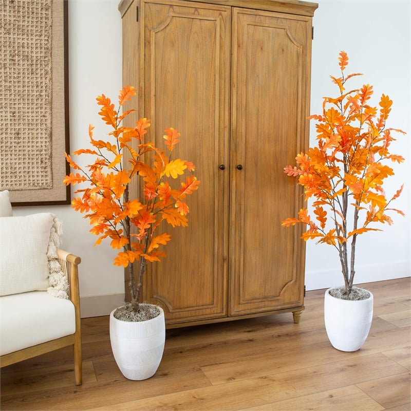 Nearly Natural 5ft Artificial Autumn Oak Tree in Orange