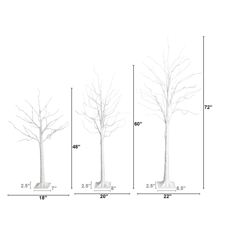 Nearly Natural 4ft 5ft 6ft Pre-Lit Artificial White Birch Trees - Set of 3