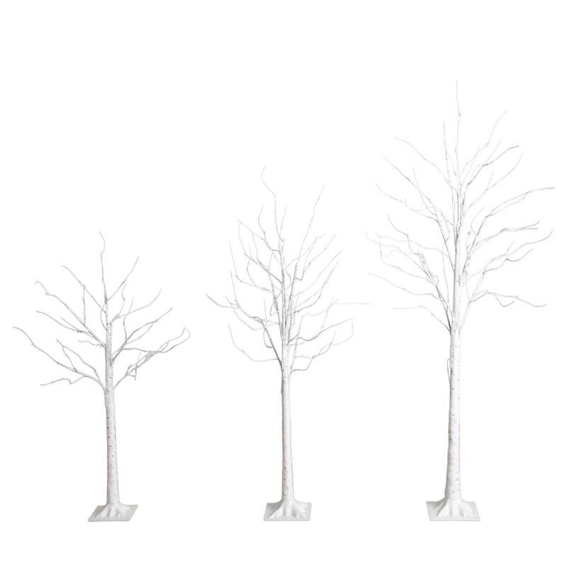 Nearly Natural 4ft 5ft 6ft Pre-Lit Artificial White Birch Trees - Set of 3