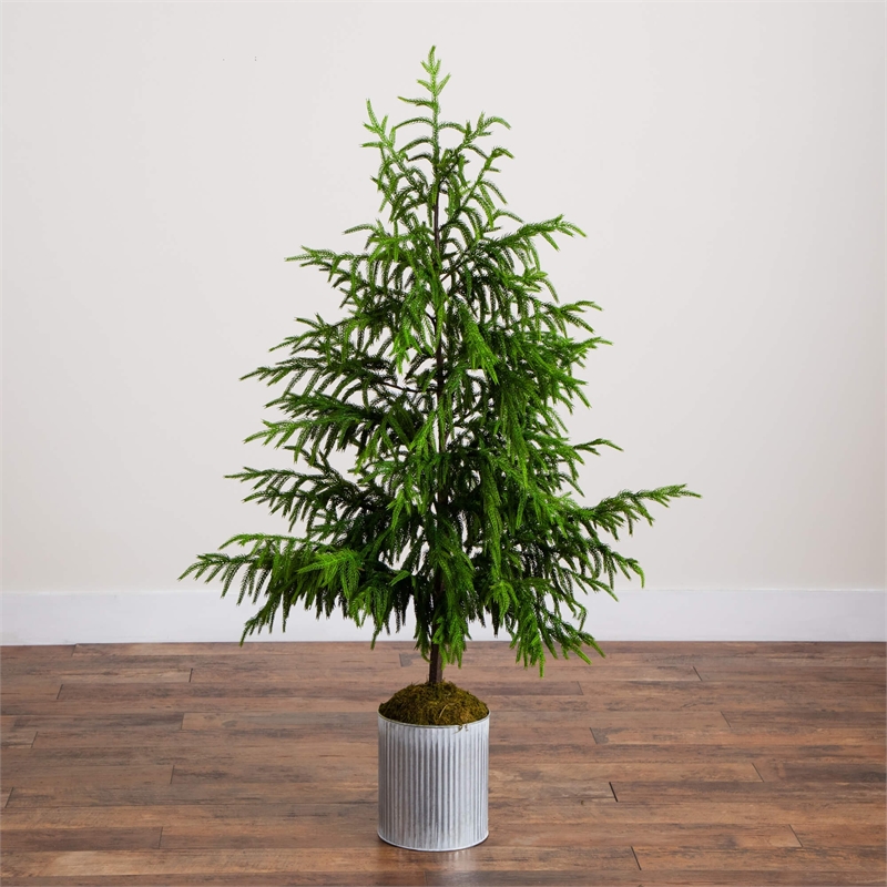 Nearly Natural 5ft Real Touch Norfolk Island Pine in Metal Tin Planter