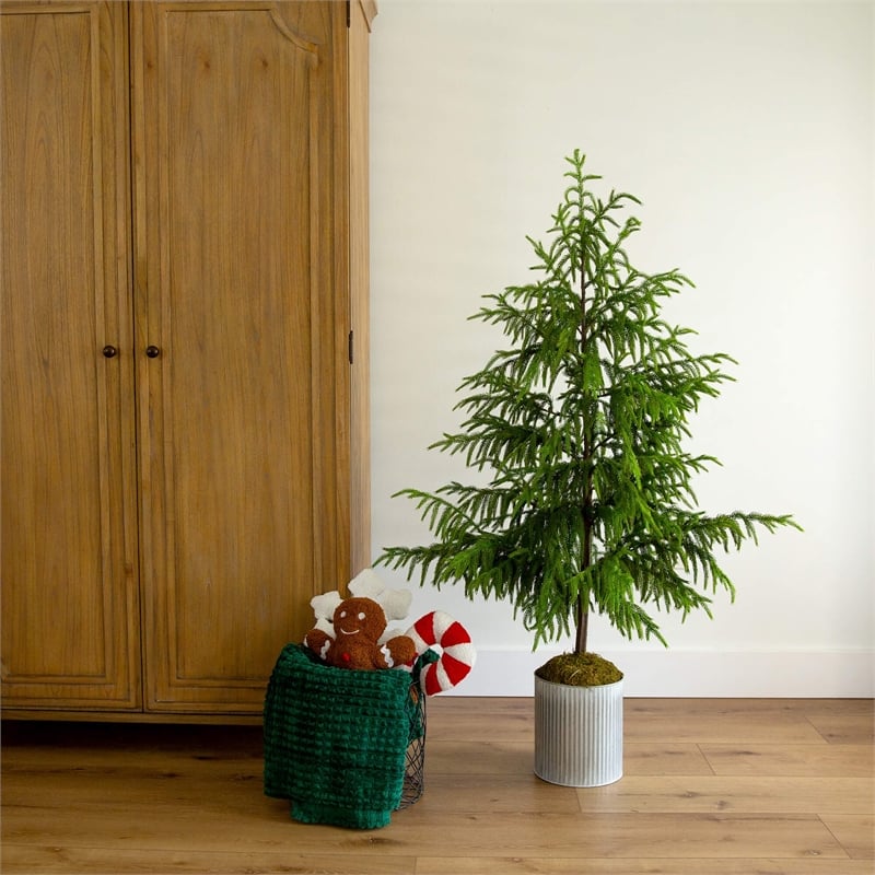 Nearly Natural 5ft Real Touch Norfolk Island Pine in Metal Tin Planter