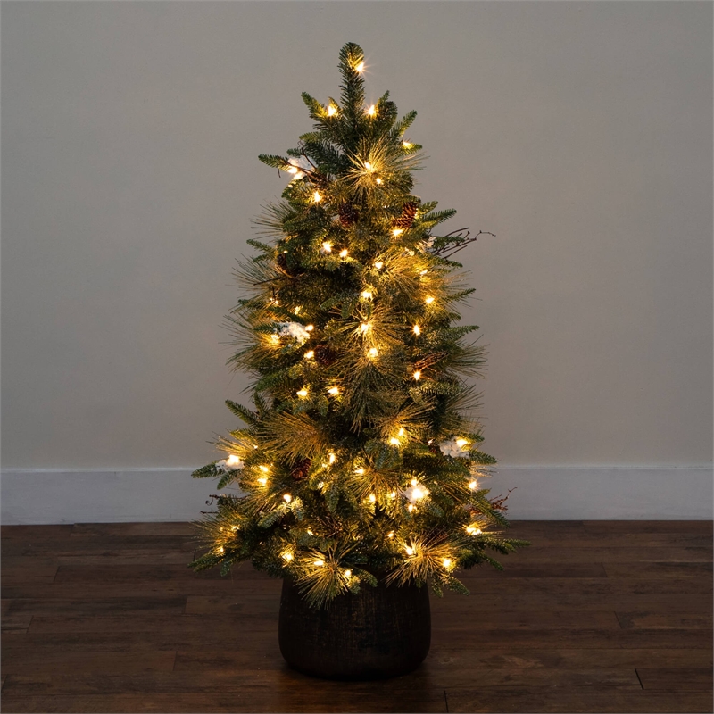 Nearly Natural 4ft Pre-Lit Mixed Pine Snowed Christmas Tree in Planter