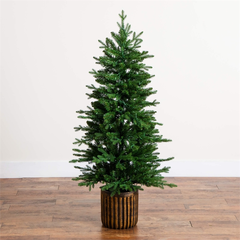 Nearly Natural 4.5ft Pre-Lit Green Christmas Tree in Planter w/ 60 Clear LED