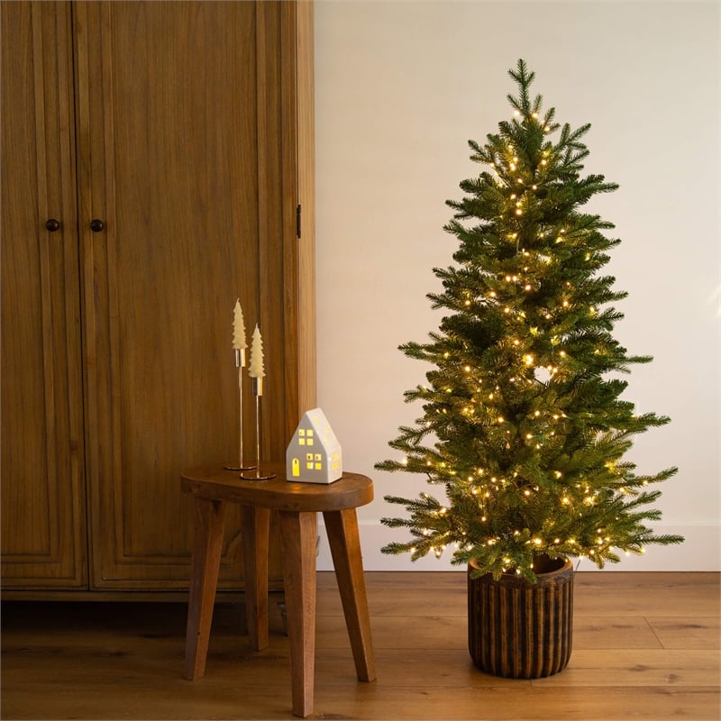 Nearly Natural 4.5ft Pre-Lit Green Christmas Tree in Planter w/ 60 Clear LED
