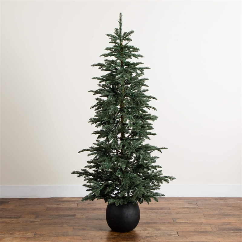 Nearly Natural 6ft Pre-Lit Pine Christmas Tree in Round Black Planter